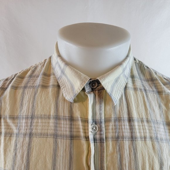 Vince Shirt Mens XL Yellow Gray Button Up Short Sleeve Plaid Linen Classic Fit - Picture 3 of 8